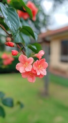 Wall Mural - Delicate Pink Flowers Blooming On Green Bush