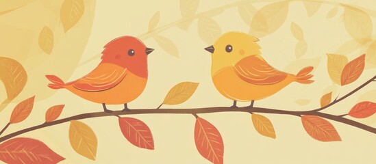 Naklejka na meble Cute cartoon birds on a branch surrounded by autumn leaves in warm colors perfect for seasonal designs and playful illustrations.