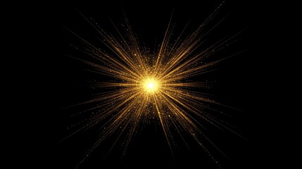 Poster - Glowing golden light burst with radiant rays on a black background creating a warm and dramatic visual effect for design projects