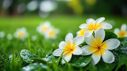 Poster - Dew Kissed Plumeria Blooms Resting In Lush Green Grass