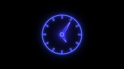Poster - Neon Glowing Cyan Clock Icon Animation with Analog and Digital Time on Black Background.