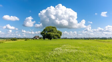 Poster - Sunny day, green field, single tree, small house, wind turbines, fluffy clouds, blue sky.