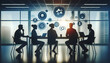 © Jack - Silhouetted Team Collaborating on Innovative Project with Floating Icons in Modern Office