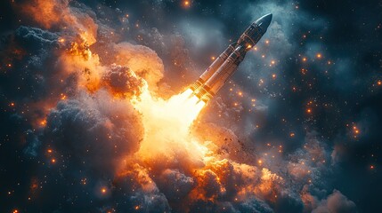 Wall Mural - a rocket with fire and smoke launches a spacecraft, representing space or satellite exploration, sci
