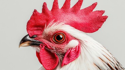 Wall Mural - Close-up of a rooster's head showcasing vibrant feathers and striking features.