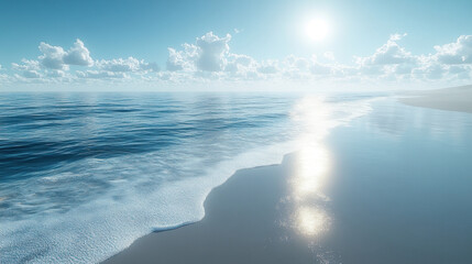 Wall Mural - Serene beach scene with ocean waves and sunny sky.