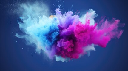 Colorful powder explosion creating a vibrant cloud of dust particles in mid-air against a deep blue background for dynamic visuals