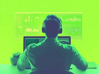 A businessperson using AI-powered predictive analytics software on a laptop, with graphs and real-time data analysis displayed, isolated on a vibrant green background, commercial-ready