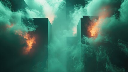 Poster - mystical green smoke and fire illuminated abstract shapes creating an immersive atmospheric backgrou