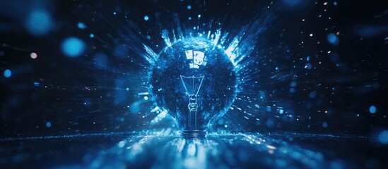 Poster - blue holographic light bulb illustration symbolizing innovation and creativity with a multi-exposure