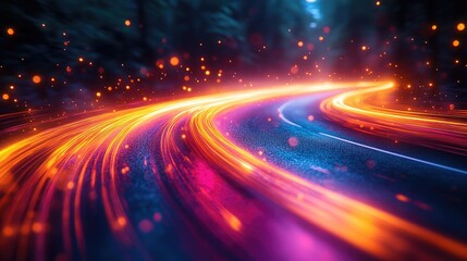 Poster - vibrant light trails in motion creating dynamic patterns in a dark environment with glowing particle