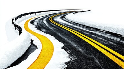 Canvas Print - Winding snow-covered road with yellow lines.