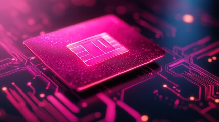 Poster - A close-up of a pink computer chip on a circuit board. The chip is glowing and the circuitry is illuminated with pink light. The image evokes a sense of advanced technology.