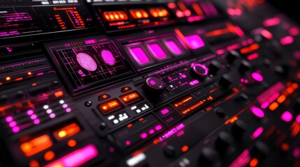 Poster - Close-up of a futuristic control panel with glowing pink and orange lights. A fingerprint scan is displayed on one of the screens.