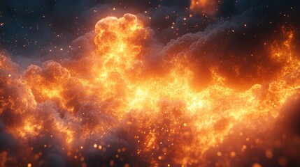 Poster - stunning abstract depiction of vibrant flames and glowing embers illuminating a dark, smoky backgrou