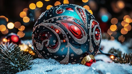 Wall Mural - Dark teal Christmas bauble in snow with lights.