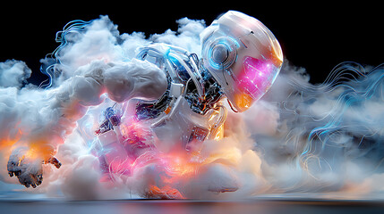 Poster - Futuristic robot emerges from colorful clouds digital art sci-fi world surreal environment abstract viewpoint