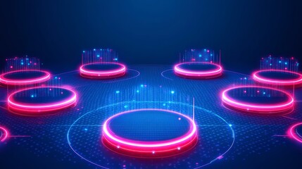 Poster - Pink neon glowing circles with digital binary code holograms on a dark blue tech background. Futuristic podiums data visualization stage.