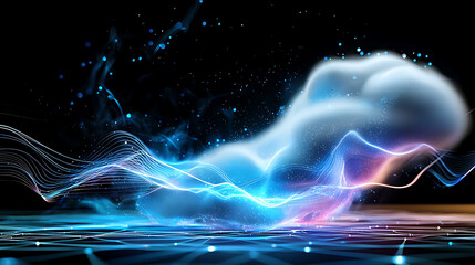 Poster - Dynamic cloud formation with colorful light waves digital space abstract artwork futuristic environment vibrant concept