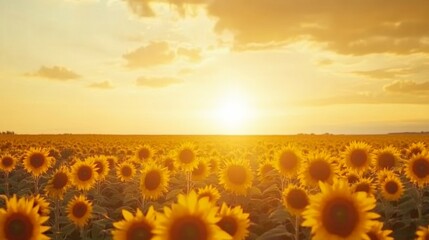 Poster - A field of sunflowers under a golden sunset sky, wide-angle shot, Impressionist style
