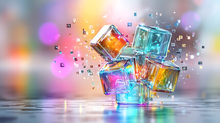 Poster - Dynamic colorful glass cubes explosion abstract art studio setting vibrant colors creative concept
