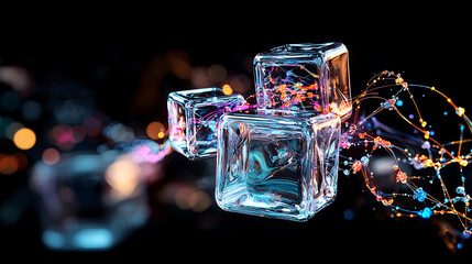 Poster - Dynamic ice cubes with colorful trails studio abstract art dark environment close-up concept of motion and fluidity