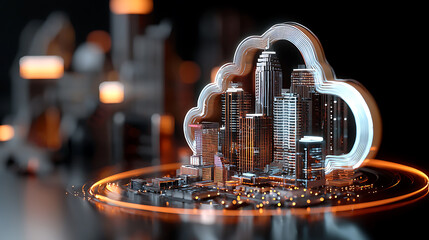 Poster - Urban cloud computing cityscape digital innovation hub 3d visualization futuristic environment aerial perspective smart city concept