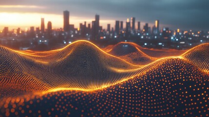 Poster - A glowing orange digital landscape flows and undulates in the foreground with a blurred cityscape in the background during sunset.