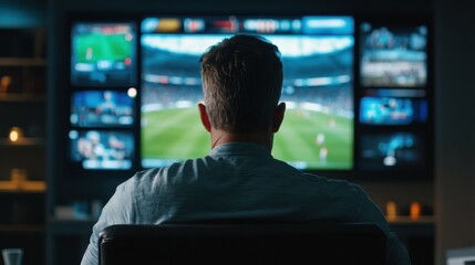 Back view of man watching football match and making bets at bookmaker's website in front of TV screen