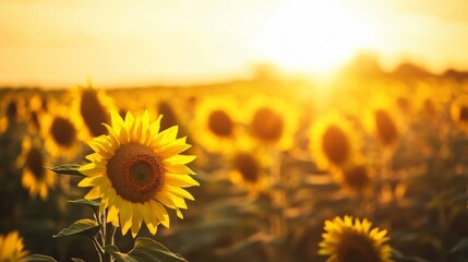 Poster - A field of sunflowers under a golden sunset sky, wide-angle shot, Impressionist style