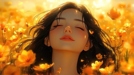 An anime illustration shows a relaxed woman against a yellow art background, representing peace, happiness, and serenity with flowers and a bright sky.