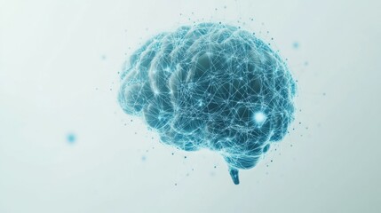 Poster - Digital cyan brain with neural connections on a white backdrop. Ideal for AI and technology presentations, educational materials, and futuristic design projects