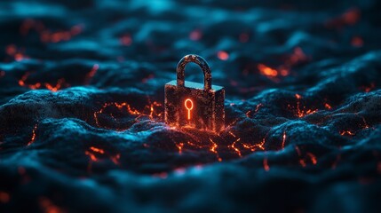 Poster - A digital padlock emerges from a dark, undulating landscape glowing with fiery cracks. This symbolizes cybersecurity, data protection, and network security in a digital world.