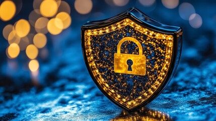Poster - A glowing security shield with a lock icon symbolizes data protection and cybersecurity in a digital world. Safeguarding sensitive information with robust encryption and security measures.