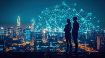 Poster - Global business structure of networking. Analysis and data exchange customer connection, HR recruitment and global outsourcing, Customer service, Strategy, Teamwork, Technology and social network**