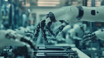 Poster - Industry 4.0, Ai, Smart industry factory, industrial revolution, Engineer use Ai interface record and control robotic automatic arms with monitoring Ai system software and Digital manufacturing