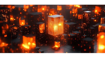 Poster - A futuristic cityscape of interconnected black cubes illuminates with a vibrant orange glow. Intricate circuitry patterns adorn the structures in a mesmerizing display of technological advancement.