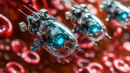 Poster - Nanorobots float through red blood vessels, microscopic robots in the circulatory system, medicine and science