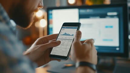 Poster - Online stock trading platform concept. Man check invest account dashboard and stock price on online marketplace through mobile phone before buying investment. Financial, Investor analyze investing