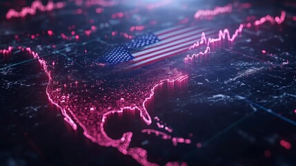 Poster - A digital visualization of the United States with a superimposed American flag and glowing pink outlines representing data or economic activity.