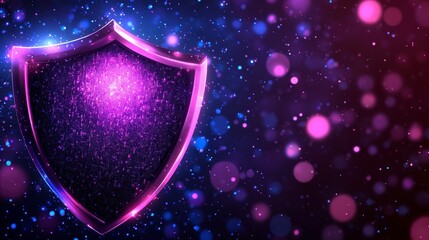 Poster - A futuristic glowing shield with digital particles protects data against cyber threats. Cybersecurity and data privacy in the digital age are vital concepts.