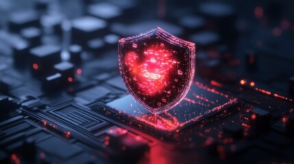 Poster - A glowing red digital shield hovers above a futuristic circuit board symbolizing cybersecurity and data protection in the digital realm.