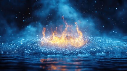 Poster - vibrant blue flames erupting from water surface with dramatic smoke and light effects
