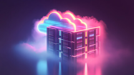 Poster - Neon-lit server rack sits beneath a glowing cloud symbol, representing cloud computing and data storage in a futuristic, stylized way.