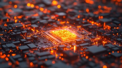 Poster - A close-up of a computer chip glowing with intense orange light. The intricate circuitry and components highlight advanced technology and processing power.