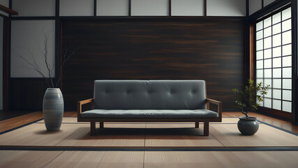 Wall Mural - Tranquil Japanese Living Room: A minimalist and serene Japanese-style living room, with a comfortable couch, wooden floor, and traditional decor, evokes a sense of peace and tranquility.