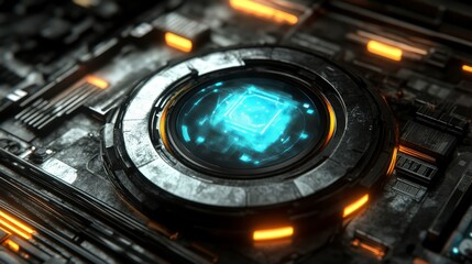 Poster - A close-up view of a futuristic metallic surface featuring a circular device with a glowing blue core. Orange lights accentuate the intricate details of the surrounding circuitry.