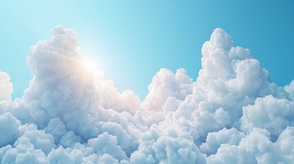 Wall Mural - Sun shining through fluffy white cumulus clouds in a bright blue sky.