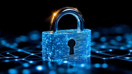 Poster - A glowing blue padlock symbolizes digital security and data protection in a technological environment. The image represents cybersecurity and network safeguarding.