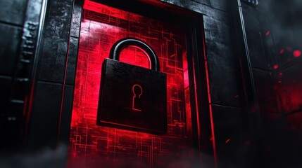 Poster - A dark metallic padlock glows red against a backdrop of digital code suggesting a strong cybersecurity defense or a potential system breach.